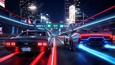 A Thrilling Nighttime Race: Two Dynamic Cars in a Neon Cityscape, Showcasing the Ultimate Battle of Speed and Innovation