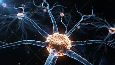 Neuron Cell Body with Axon and Dendrites on Dark Background Animated as Scientific Visualization Representing Nervous System for