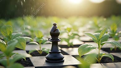 A black chess bishop piece stands amidst a field of small green plants under a bright sunlight