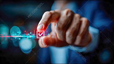 Businessman touching a glowing digital checkbox symbolizing task completion