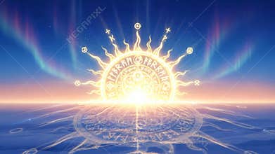 Slavic winter solstice korochun celebration. Bright sun with ancient symbols for revival. Pagan folk spirituality representation.
