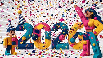 Colorful 2026 celebration with confetti and festive figures