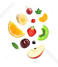 Falling fresh fruits and berries