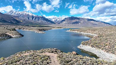 Aerial Crowley Lake Sierra Nevada Mountains California Fly Through