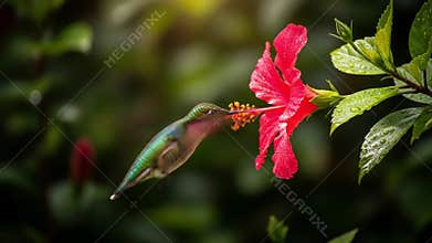 Hummingbird feeding on a vibrant red hibiscus flower in a garden