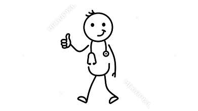 Simple Line Art Stickman Doctor Character Giving Thumbs Up Gesture of Reassurance and Approval on White Background