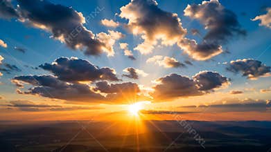 Golden Hour Sky Symphony: Radiant Sunbeams Through Clouds