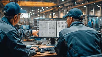 Medium shot of technicians reviewing defect prediction simulations in a digital twin system to enhance quality assurance