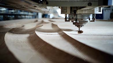 Medium shot showing curved wood panels being shaped by CNC technology emphasizing intricate design capability and