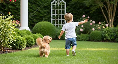 Boy in White Tee and Dog on Green Lawn with Garden Backdrop