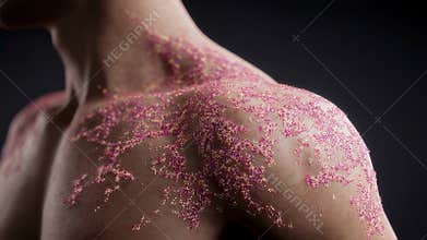 Side angle of torso with widespread pink chickenpox rash illustrating distribution pattern of varicella infection