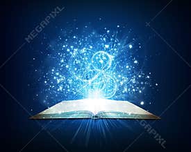 Old open book with magic light and falling stars