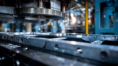 Medium shot of aluminum stamping machine creating lightweight vehicle body parts emphasizing durability and corrosion