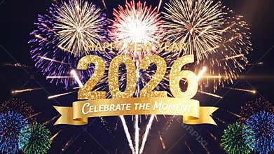 Festive fireworks display with happy new year 2026 celebration