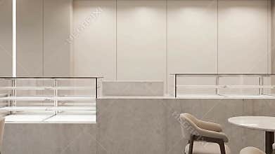 Modern Cafe Interior With Display Cases And Seating Areas