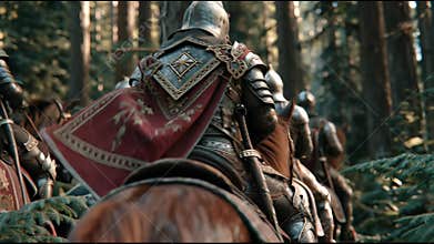 Medieval knights on horseback journeying through lush forest path during an adventurous quest