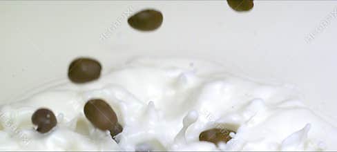 Slow-motion coffee beans falling into milk, creamy splash and swirl