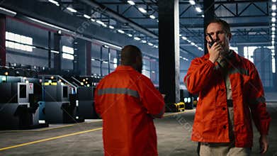 Technician using walkie talkie during job assignment in manufacturing facility