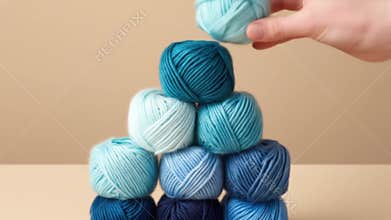 A hand places a ball of yarn atop a tower of colorful yarn balls. The background is a tan color