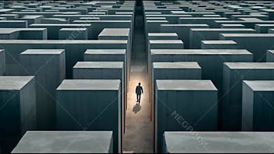 Man in surreal maze with moving walls, lost person walks on path in strange labyrinth, concept of quest, problem, uncertainty