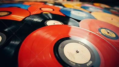 Pile of colorful audio player LP vinyl records. Generative AI