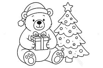 Christmas coloring page with bear in santa hat and gift box next to decorated tree with star. concept of holiday fun, festive