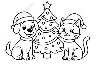 Christmas coloring page featuring cute dog and cat with festive tree for kids' holiday activity and creative fun