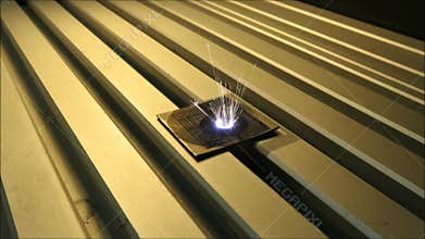 Infrared laser beam engraves titanium plate
