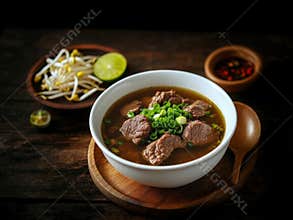 Authentic Indonesian Beef Soup Rawon or Pho Garnished with Fresh Scallions on Dark Wood