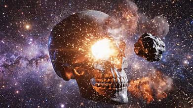 A human skull drifts through space, struck by a meteorite.- AI generated