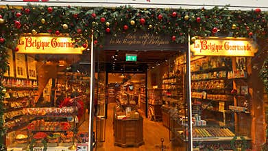 BRUSSELS, BELGIUM - NOVEMBER 26, 2025 - La Belgique Gourmande chocolate shop in Brussels