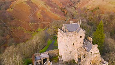 Aerial view of Medieval Castle Campbell ruin at Glen Dollar, Clackmannanshire, Scotland