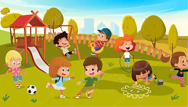 Kids Play Park Playground Vector Illustration. Children Swing Outdoor in Summer School Kindergarten. City Landscape