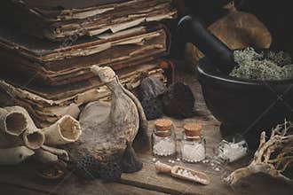 Bottles of homeopathic globules, mortar of dried moss, old books, dry roots, nuts and plants.