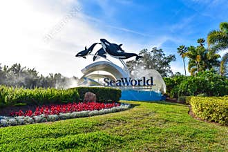 Panoramic view of Seaworld sign in International Drive area