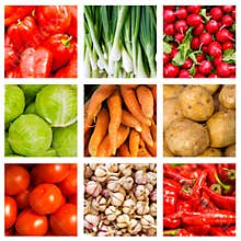 Collage of nine fresh vegetables