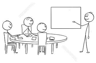 Cartoon of Businessman Presenting Empty Table on Business or Work Meeting