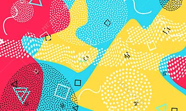 Pop art color background. Memphis pattern of geometric shapes for tissue and postcards. Vector Illustration. Hipster style 80s-90s
