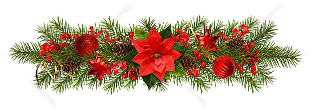 Evergreen twigs of Christmas tree and decorations in a festive garland