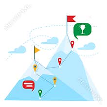 Top of the mountain with red flag. Business leadership success concept. Mountain landscape