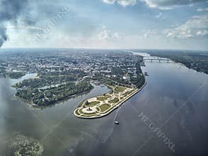Famous Strelka park in place of confluence of Kotorosl and Volga rivers in Yaroslavl, Russia
