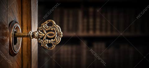 Old key in keyhole. Retro style. Concept and Idea for History, business, security background. Write Your Text Here