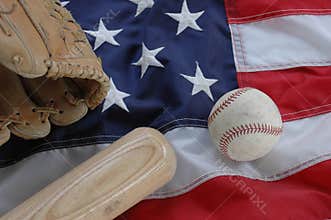 Baseball, Glove and Bat with American Flag