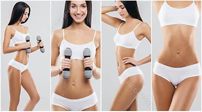 Sporty, fit and healthy female body in fitness collage. Young women in swimsuits isolated on white.