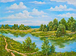 Green bushes near river in sunny day. Landscape trees, green grass on the shore of a river. Original oil painting on a