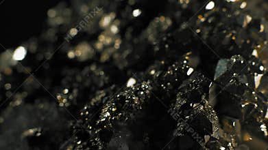 Macro, Brilliant Crystals of Pirita on a Black Background