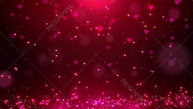 Red love hearts sparkle glitter particle motion background with bokeh, Valentine