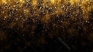 Background with falling golden glitter particles. Falling gold confetti with magic light beautiful light background