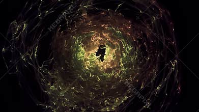 Abstract illustrative stormy golden water maelstrom on black background, seamless loop. Beautiful, spinning water funnel