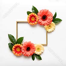 Happy Mother`s Day, Women`s Day, Valentine`s Day or Birthday Living Coral Pantone Color Background. Coral flat lay greeting card.